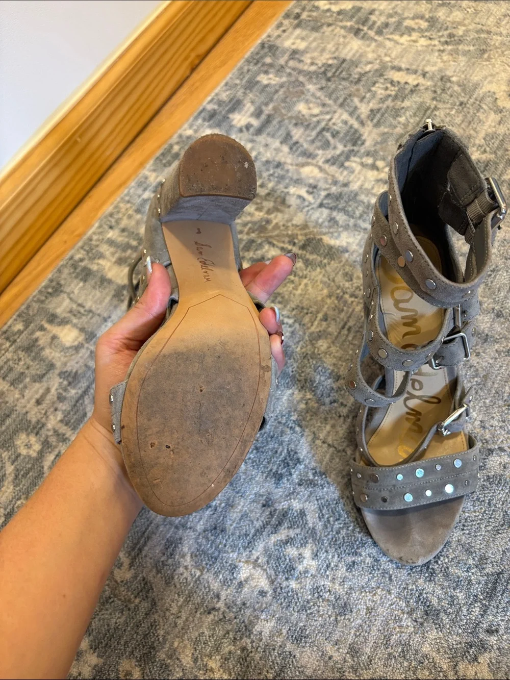 Sam Edelman Grey Suede Studded Strappy Block Heel Sandals